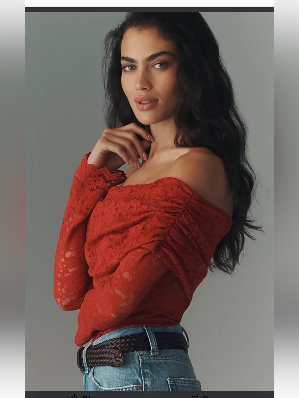 AFRM Barry I am the energy Asymmetric Silken Lace Top Off Shoulder Poppy Red
